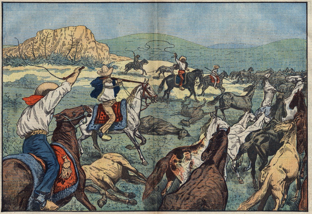 Meksikanske bønder skyter ville hester for å unngå matknapet i landet deres. El Paso Plains, Mexico. Illustrasjon av Damblans. I "" Le Pelerin"" av 6. oktober av Eugene Damblans