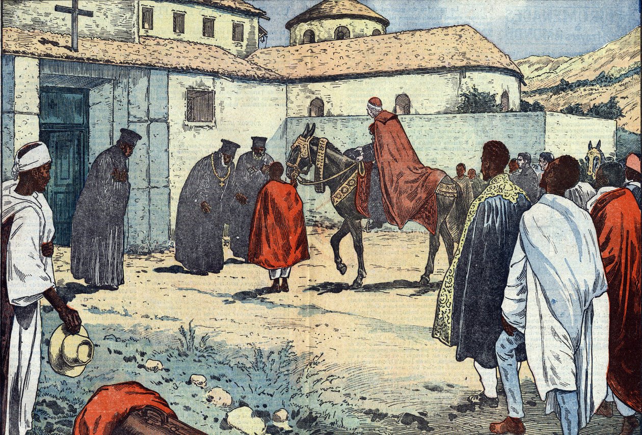 Monsignor Lepicier av Marias tjenereorden, erkebiskop av Tarsus, ble mottatt ved det koptiske klosteret Debre-Bizen i anledning et apostolisk besøk i Abessinia (Etiopia). Illustrasjon av svømming. I «Le Pelerin»» i august av Eugene Damblans