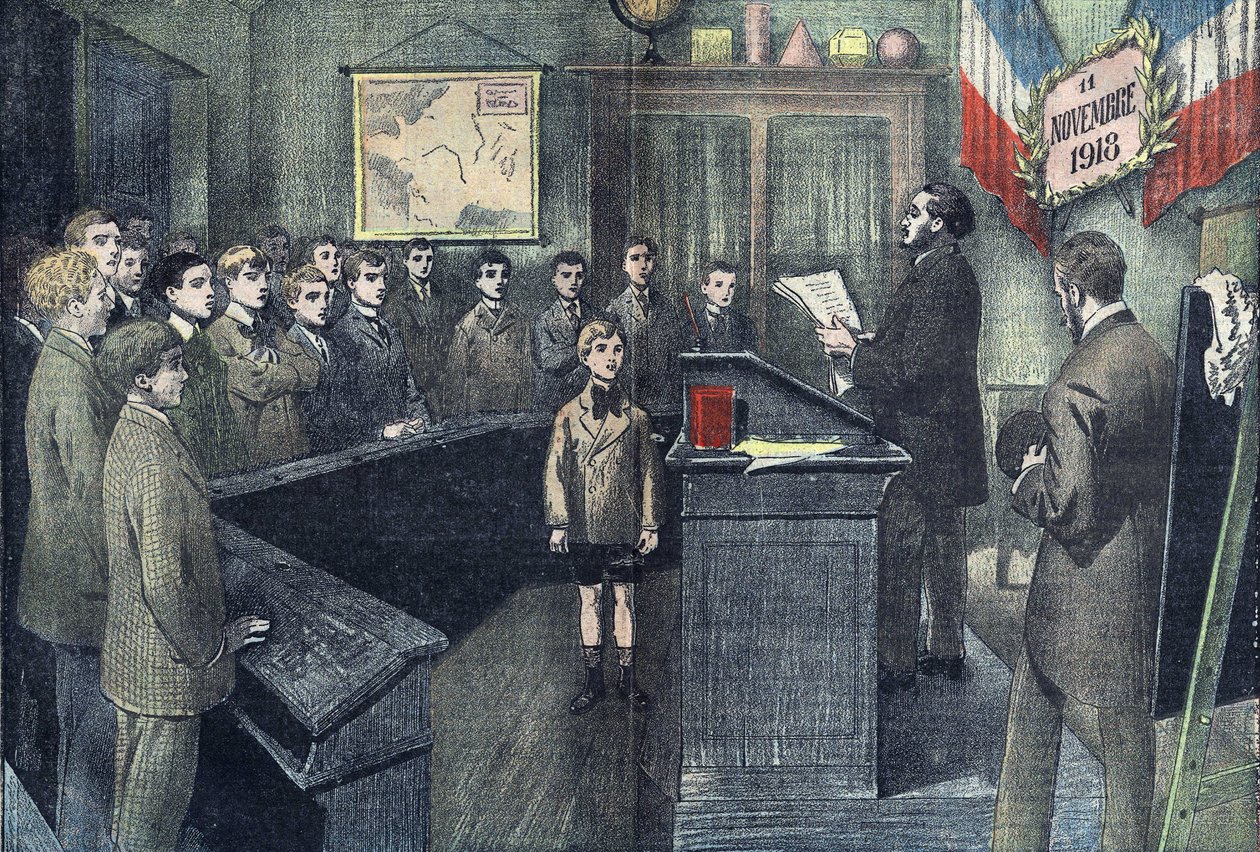 November 1923: I hver kommune i Frankrike leste skolemesteren dagen før våpenhvilen, navnene på innbyggernes graver i æresfeltet, og hver elev svarte "Død for Frankrike". Tegning av Damblans fra 1923. av Eugene Damblans