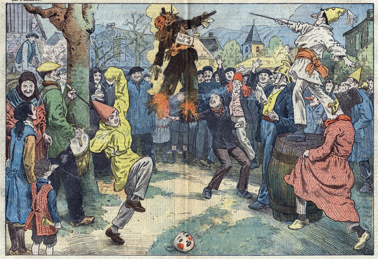 Gamle skikker: kremeringen av "" karneval", på kvelden Mardi Gras (Mardi-Gras), representerer gledene og de kjæreste som er forlatt ved terskelen til Careme. Illustrasjon av Damblans. I "" Le Pelerin"" av 16. mars av Eugene Damblans