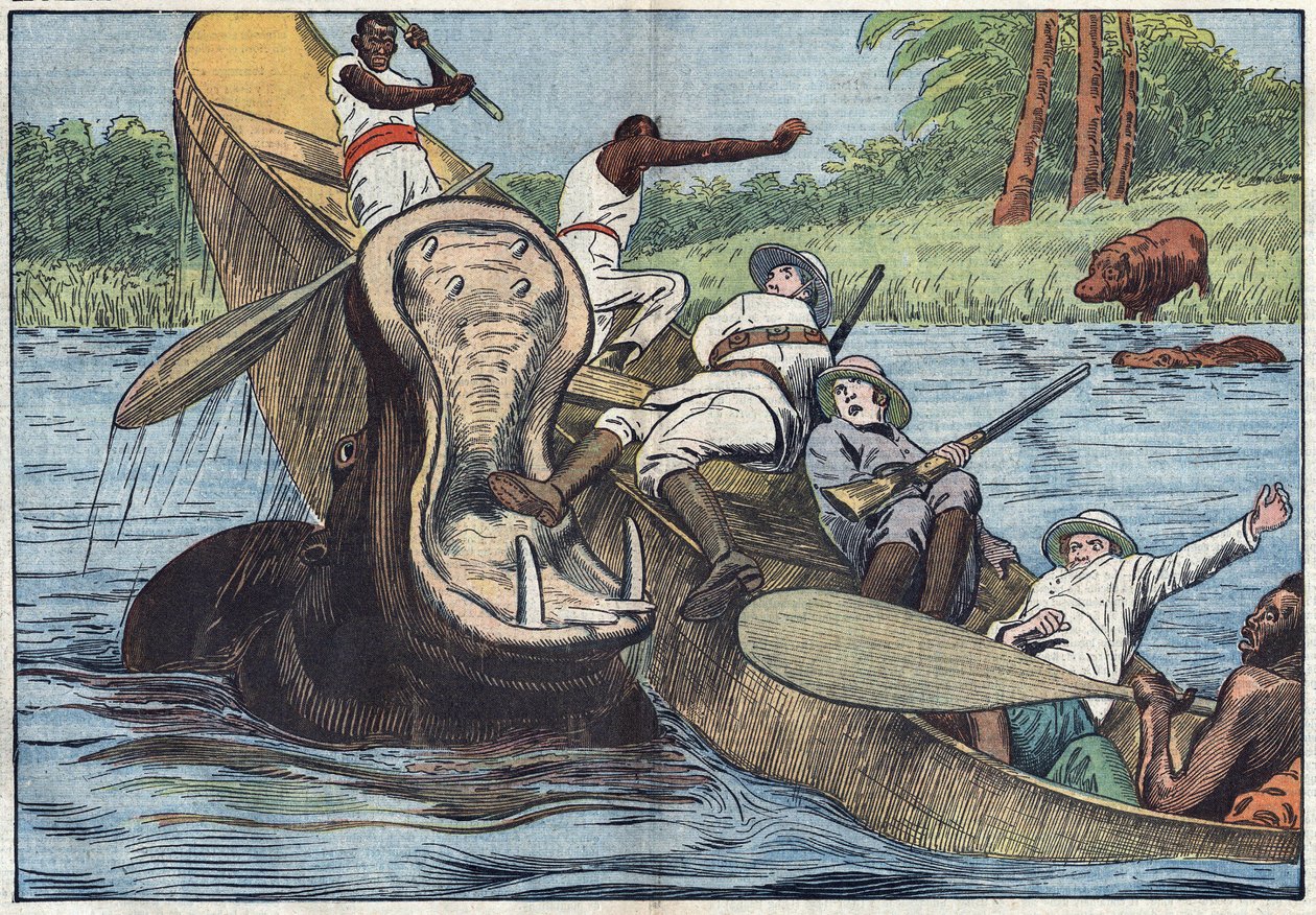 Ved Victoriasjøen, Afrika, kantres en båt okkupert av anglikanske misjonærer og urbefolkning av en såret flodhest. Illustrasjon av Damblans. I "" Le Pelerin"" av 16. mai av Eugene Damblans