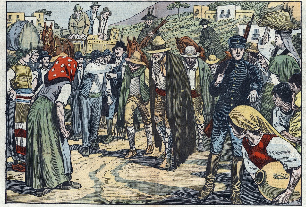 Robbers arrested by the Italian fascist police. Sicily, Italy. Illustration of Damblans. In “” Le Pelerin”” of February 14 av Eugene Damblans