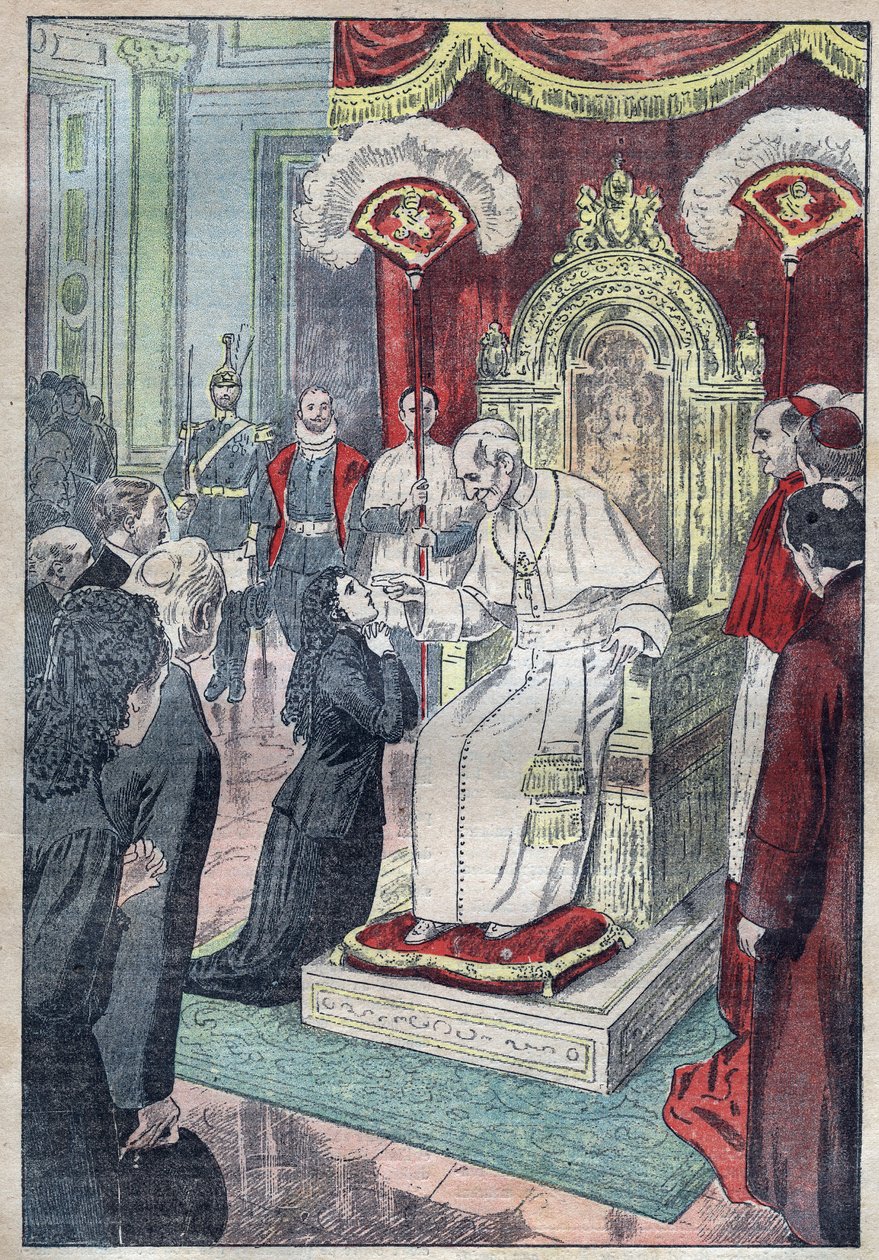 Saint Therese of the Child Jesus (or Lisieux 1873-1897) still a young girl at the feet of Pope Leon XIII, she obtained to enter Carmel at the age of fifteen in 1888 - illustration of Damblans of 1923 av Eugene Damblans