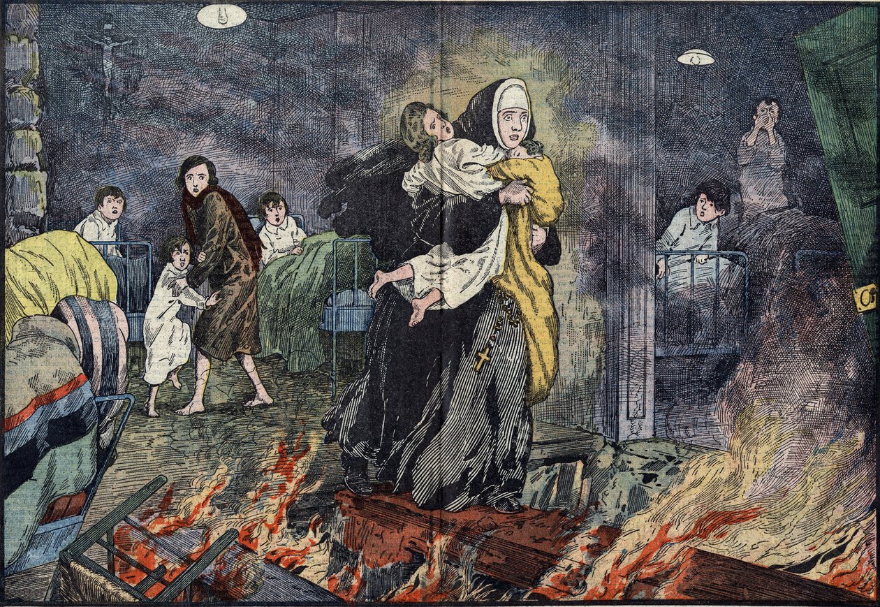 Søster Marie Gabrielle (Marie-Gabrielle) redder et barn under brannen på barnehjemmet til Bernards Ville (Bernards-Ville), i USA. Illustrasjon av Damblans i "" the Pelerin"" av 27. november av Eugene Damblans