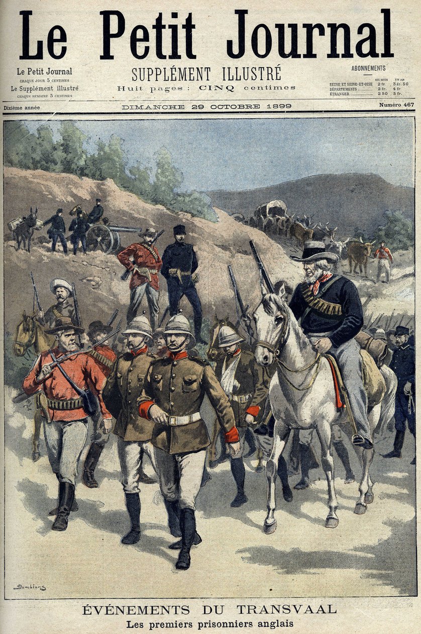 Sør-Afrika - Boerekrigen. Transvaal hendelser. De første engelske fangene tatt til fange av boerne. Tegning av Damblans. "" Le Petity Journal", 29. oktober av Eugene Damblans