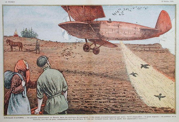 Såing av frø fra et fly i Sovjet-Russland, illustrasjon for magasinet 