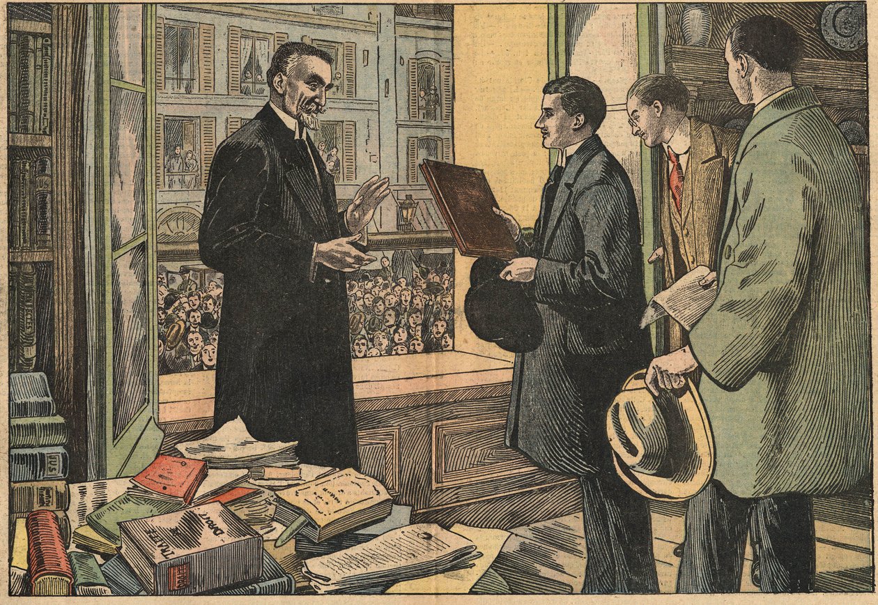 Studenter ved Det juridiske fakultet gir en adresse til dekan Henry Berthelemy (1857-1943). Illustrasjon av Damblans. I "" Le Pelerin"" av 10. april av Eugene Damblans
