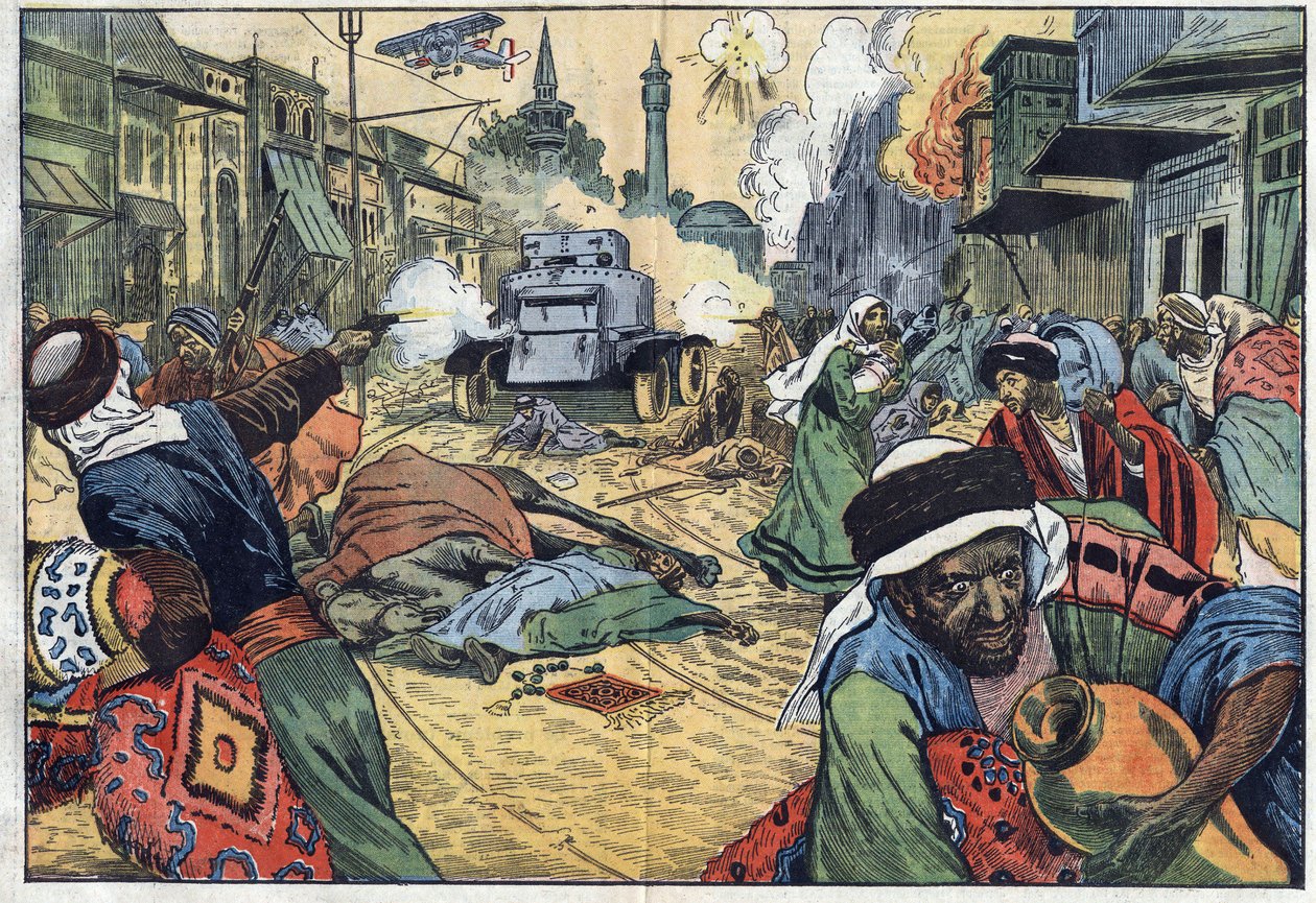 Druserne (druserne) plyndret gatene i Damaskus (Syria) under angrepet på byen med fly og en selvmaskinpistol (selvmaskinpistol) av franske tropper til general Maurice Sarrail (1856-1929). Illustrasjon av Damblans. I "" Le Pelerin"" av 15. november av Eugene Damblans
