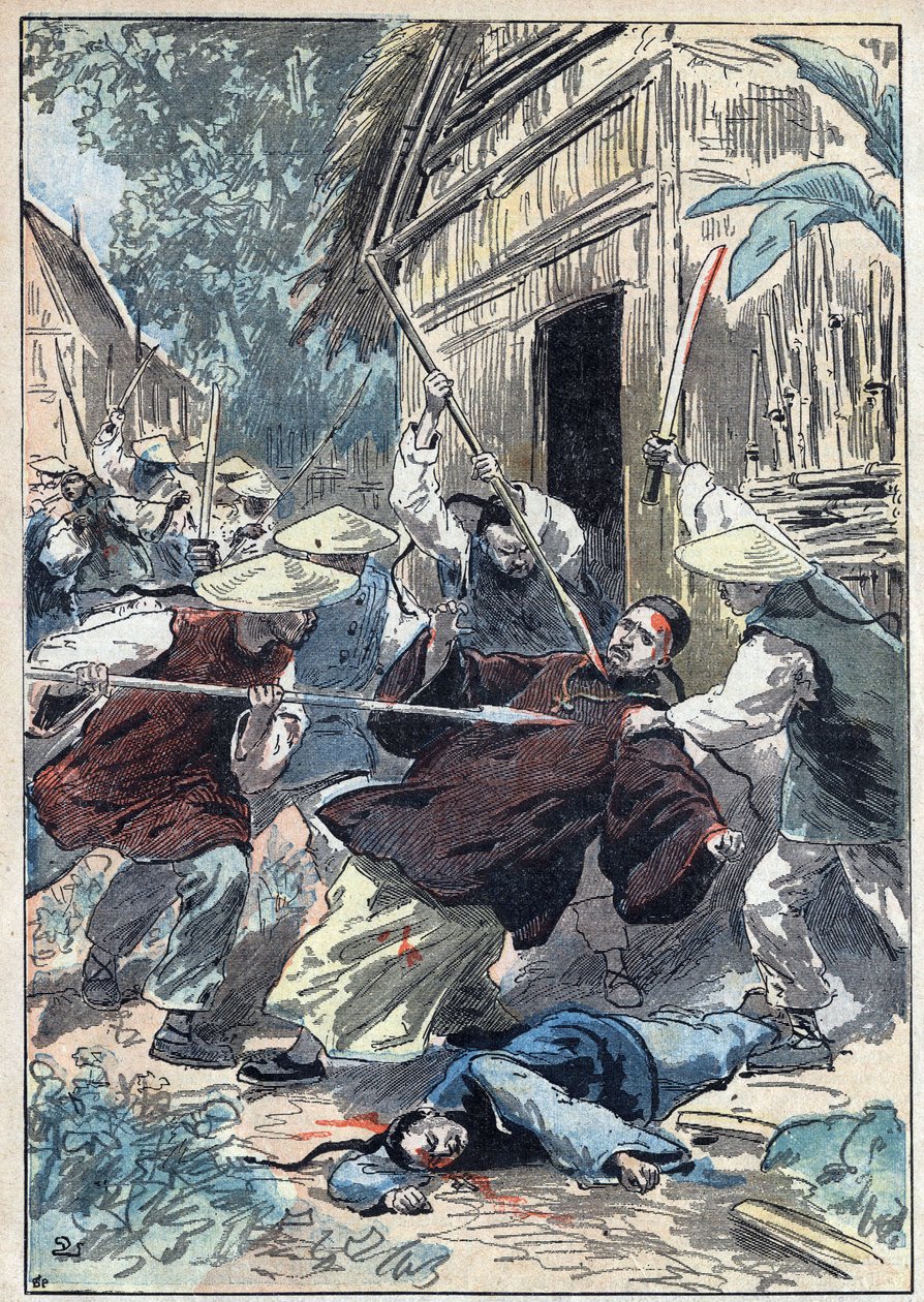 The French priest Berthollet (1865-1898), priest of the Foreign Missions, was assassinated by Chinese national guards near the town of Yun Ngan Cheou (Yun-Ngan-Cheou) on 21 April 1898. Illustration of Damblans in “” Le Pelerin”” of July 10 av Eugene Damblans
