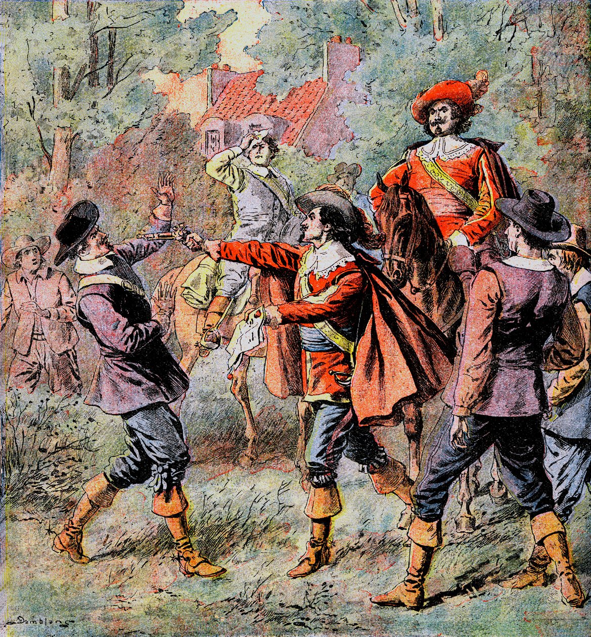 Musketeren av Artagnan, eskortert av vennen Porthos, truer en motstander med pistolen sin - Illustrasjon av Damblans for romanen "The Three Musketeers" av Alexandre Dumas i "Diary des roman populaires illustres""" fra begynnelsen av 1900-tallet - av Eugene Damblans