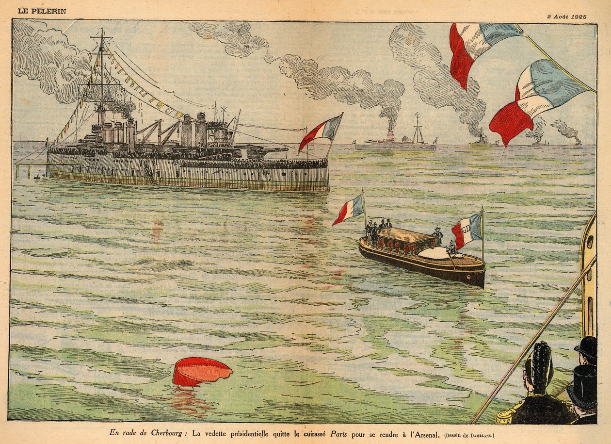 Presidentens standard, Cherbourg havn, dobbeltsideoppslag i "Le Pelerin" 2. august 1925 (litografi av Eugene Damblans