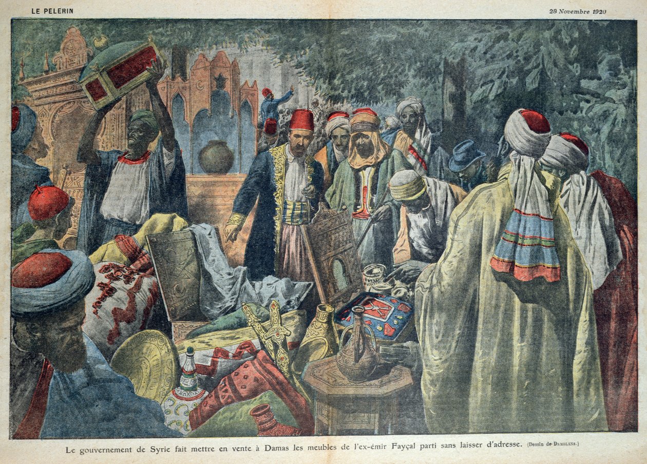 Den syriske regjeringens salg av varer fra Emir Faisal (1883-1923) i Damaskus, illustrasjon fra magasinet Le Pelerin, 20. november 1920 av Eugene Damblans