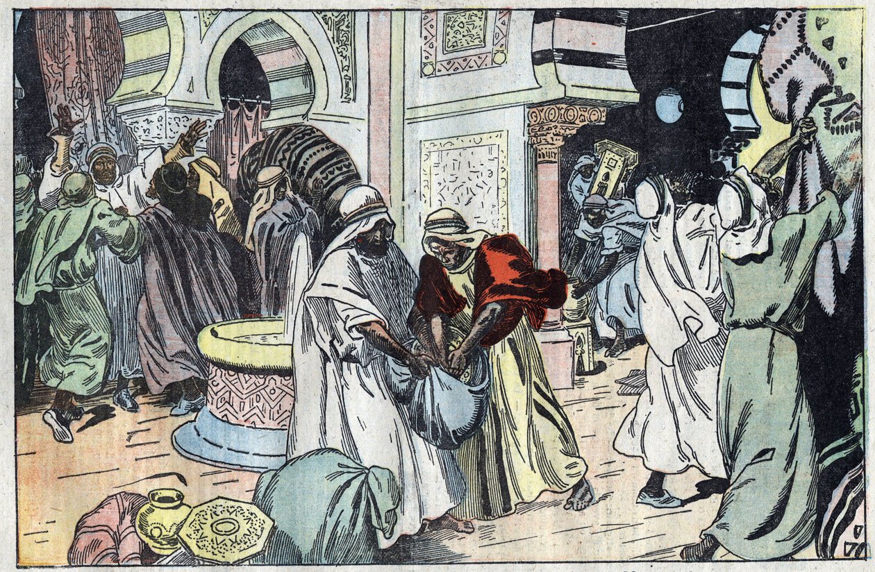 Wahabittene, etter å ha inntatt Mekka, plyndret kong Husseins palass. Illustrasjon av Damblans. I "" Le Pelerin"" av 2. november av Eugene Damblans