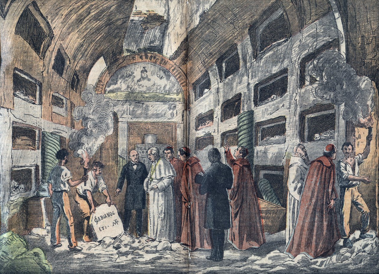 Arkeologen Giovanni Battista de Rossi (1822-1894) får pave Pius IX til å besøke krypten til pavene han nettopp har oppdaget (1852) - Illustrasjon av Damblans i "" le-Pelerin"" 1923 av Eugene Damblans