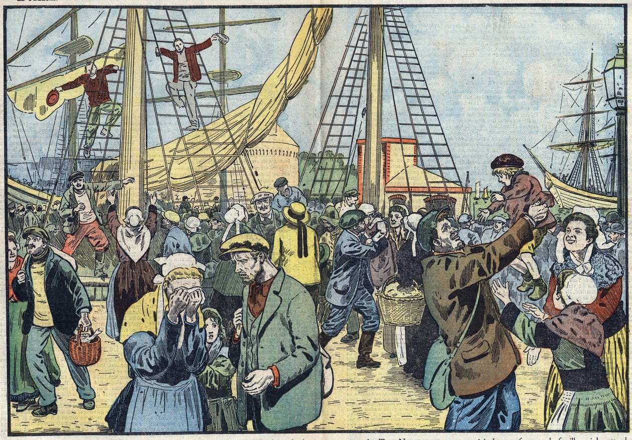 Torskens retur til Saint-Malo: Terres-Neuvas fisket og ble gjenforent med familiene sine. Illustrasjon av Damblans. I "" Le Pelerin"" av 7. oktober av Eugene Damblans