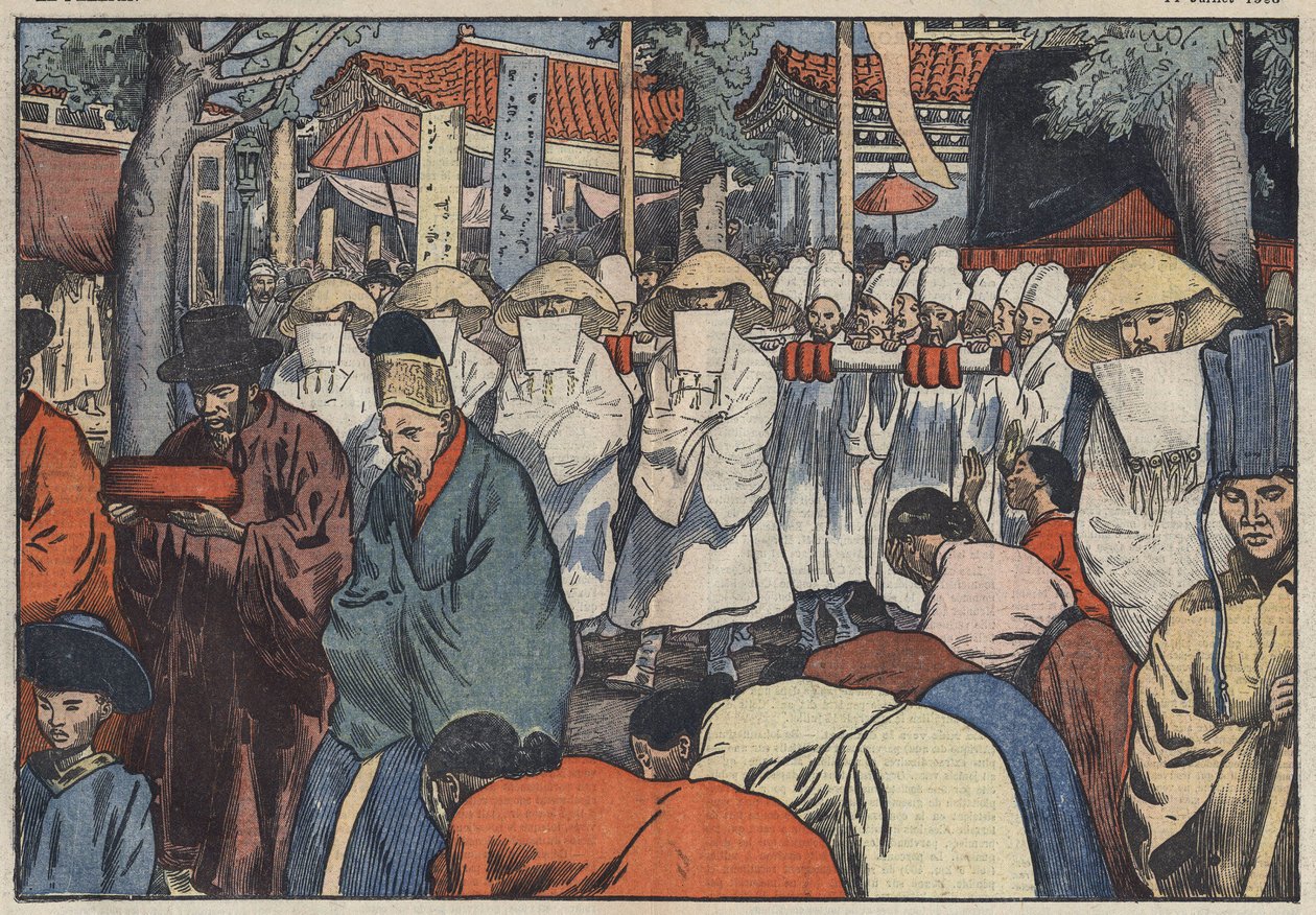 Begravelsen til den tidligere keiseren av Korea, prins Yi. Man kan se katafalken ved døren til palasset i Seoul, mens Aigos eller "Cereers Coreens" klager over prinsens død. Seoul, Korea. Illustrasjon av Damblans. I "" Le Pelerin"" fra juli av Eugene Damblans
