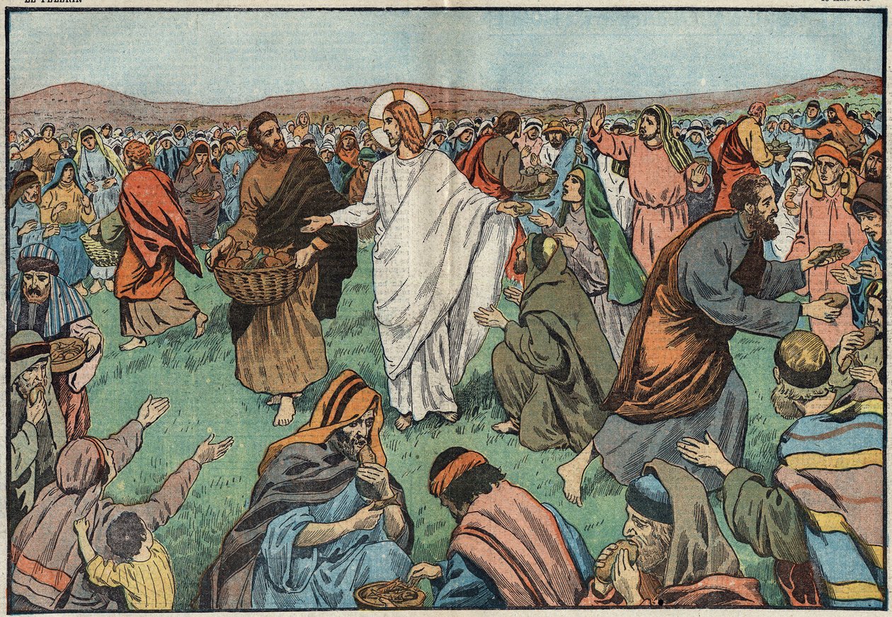 Formeringen av brød: ved bredden av Tiberiadsjøen tilfredsstilte Jesus Kristus (Jesus Kristus) befolkningen ved å multiplisere fem byggbrød og to fisker. Illustrasjon av Damblans. I "" Le Pelerin"" av 18. mars av Eugene Damblans