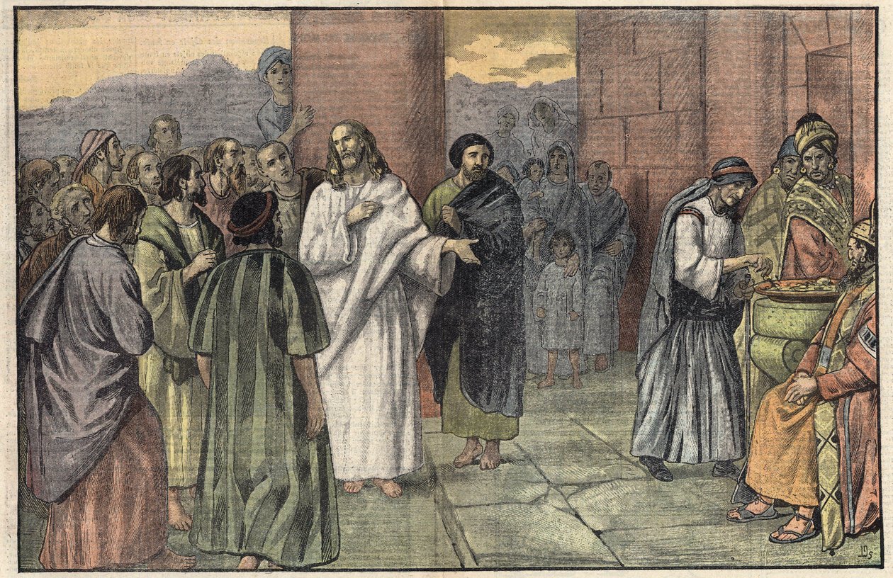 Ofringen av enken. Evangelium ifølge Markus, kapittel 12, v. 41-44. Illustrasjon av Damblans. I "" Le Pelerin"" av 28. juni av Eugene Damblans