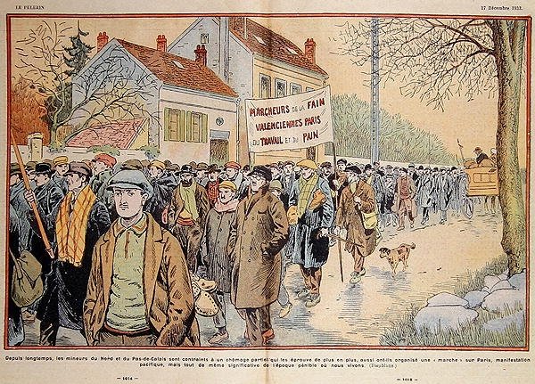 Arbeidsløse gruvearbeidere fra Nord-Frankrike og Pas-de-Calais-regionen marsjerer til Paris, illustrasjon fra 
