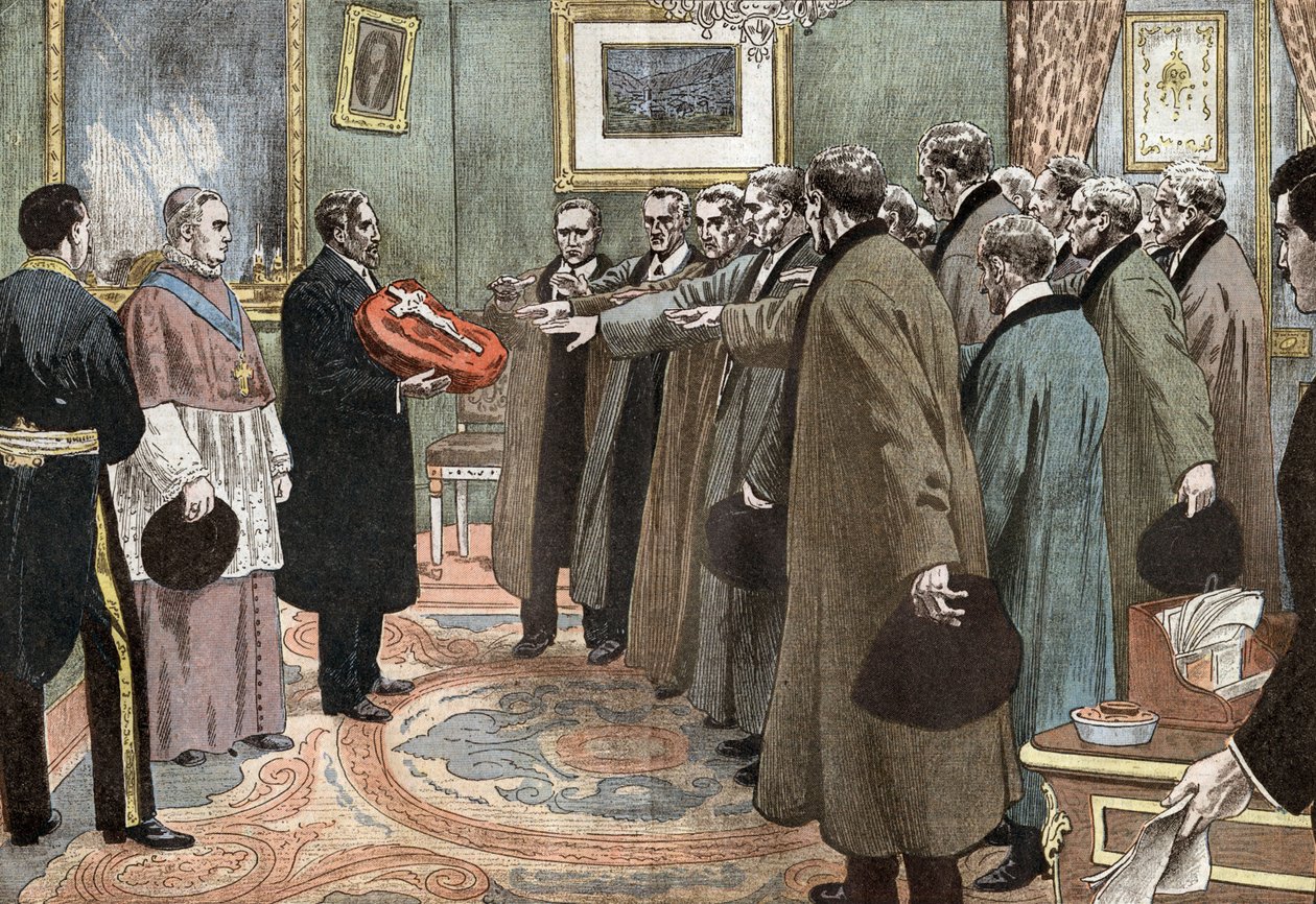 delegater fra Andorre-republikken med biskop av Urgel avlagt lydighetsed til Frankrike, illustrasjon av Damblans fra papiret "Le Pelerin" 3. mai av Eugene Damblans