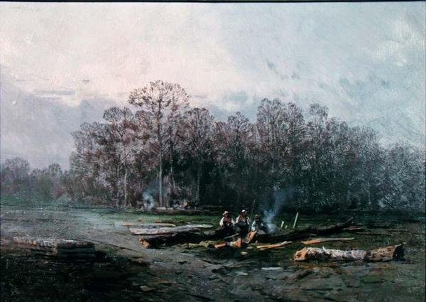 Misty Landscape with Woodcutters (olje på lerret) av Eugene Deshayes