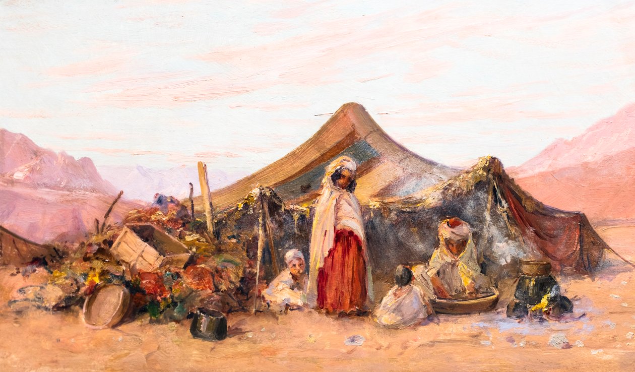 Nomadeleir i sørlige Algerie (olje på tre) av Eugene Deshayes