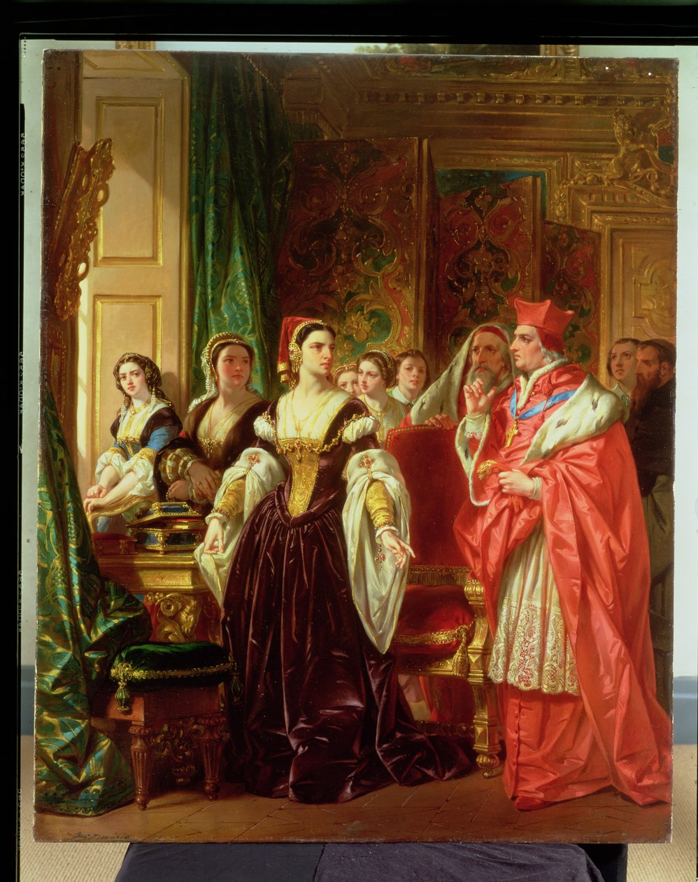 En scene fra Shakespeares Henry VIII; Kardinal Wolsey og Catherine av Aragon, 1858 av Eugene Deveria
