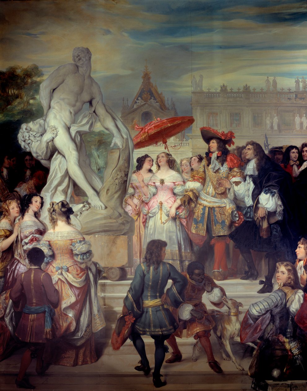 Pierre Puget (1620-1694) presenterer sin statue Milon av Crotone til Ludvig XIV (1638-1715) i hagen til slottet i Versailles. Maleri av Eugene Deveria (1808-1865) av Eugene Deveria