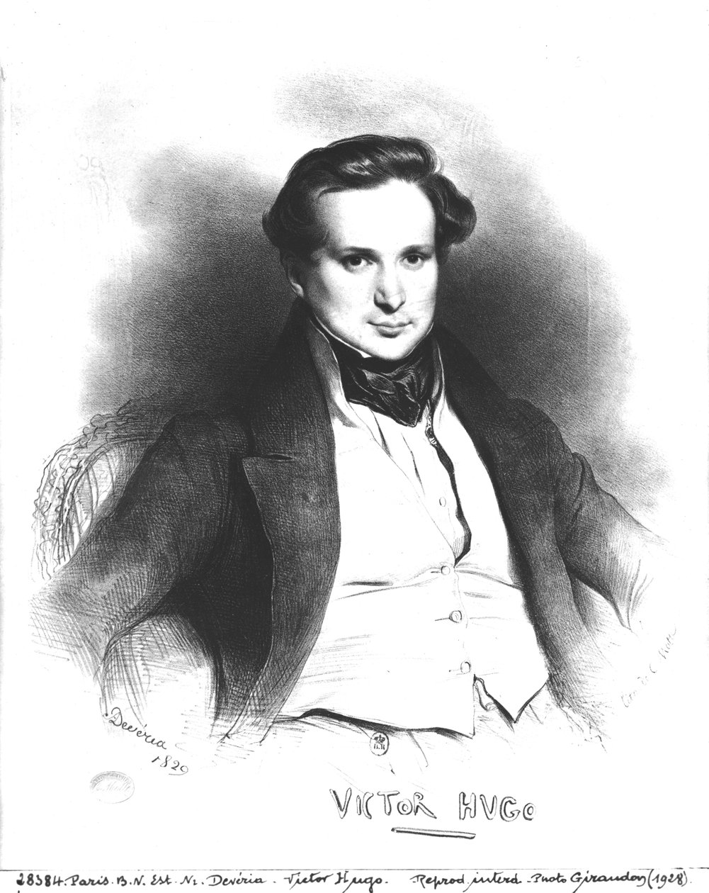 Portrett av Victor Hugo (1802-66), gravert av Charles Etienne Pierre Motte (1785-1836) 1829 (litho) (bw-foto) av Eugene Deveria