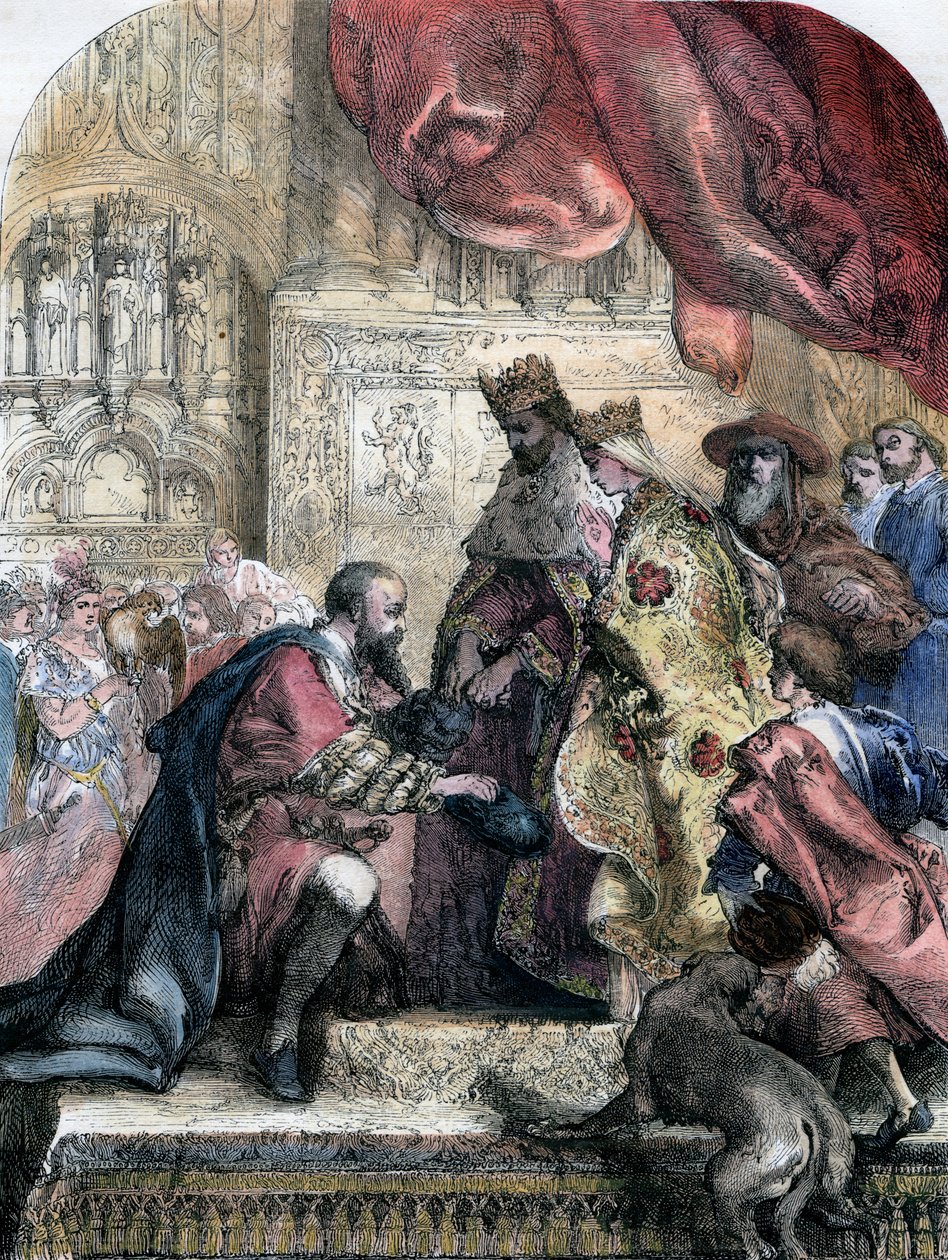 Mottakelse av Columbus av Ferdinand og Isabella, Barcelona, 1400-tallet, 1800-tallet av Eugene Deveria