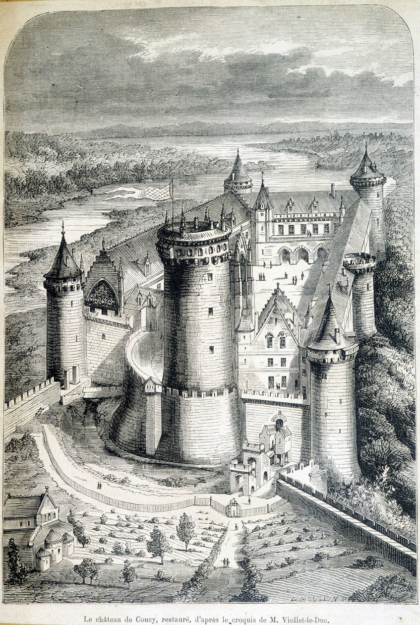 Le chateau de Coucy, restaurert - gravering fra skissen//av Eugene Viollet-le-Duc (Viollet le Duc) (1814-1879) - "" Le Monde illustrious""" av 8/05/1858. av Eugene Emmanuel (after) Viollet le Duc