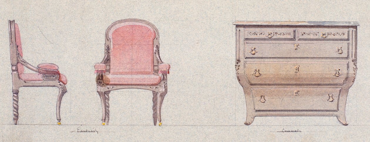 Lenestol og kommode til Golden Room av Eugene Emmanuel Viollet le Duc