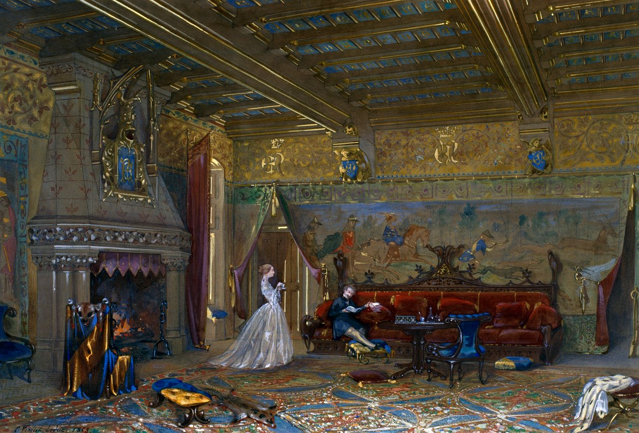 Design av en hall i gotisk stil for Chateau de Pierrefonds, med keiseren og keiserinnen av Eugene Emmanuel Viollet le Duc