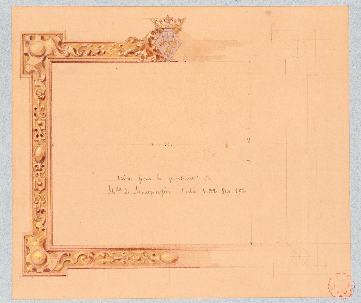 Design av gesimsen til Mademoiselle de Montpensiers portrett, av Eugene Emmanuel Viollet-Le-Duc (1814-1879), akvarelltegning av Eugene Emmanuel Viollet le Duc