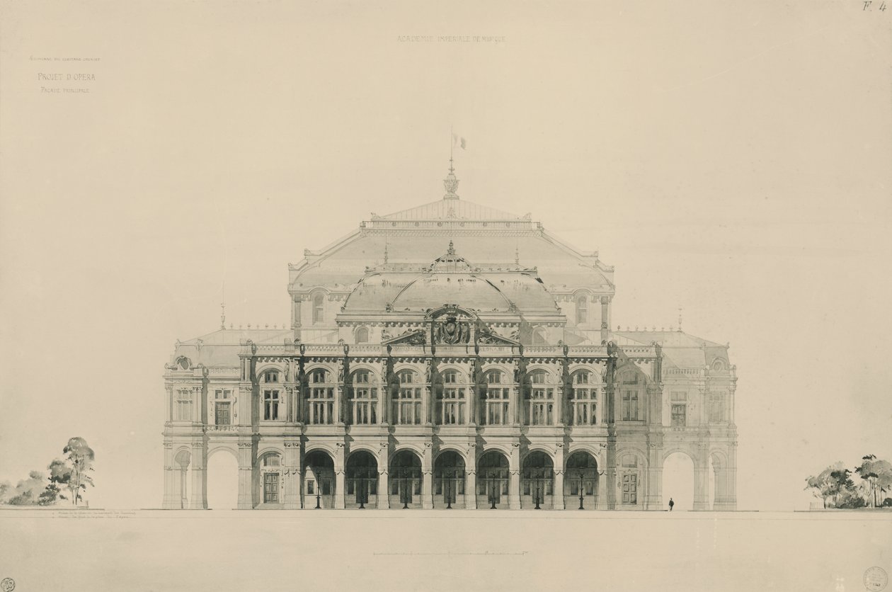Frankrike, Paris, Design innsendt av Viollet le Duc i konkurranse om bygging av nytt operahus i Paris av Eugene Emmanuel Viollet le Duc