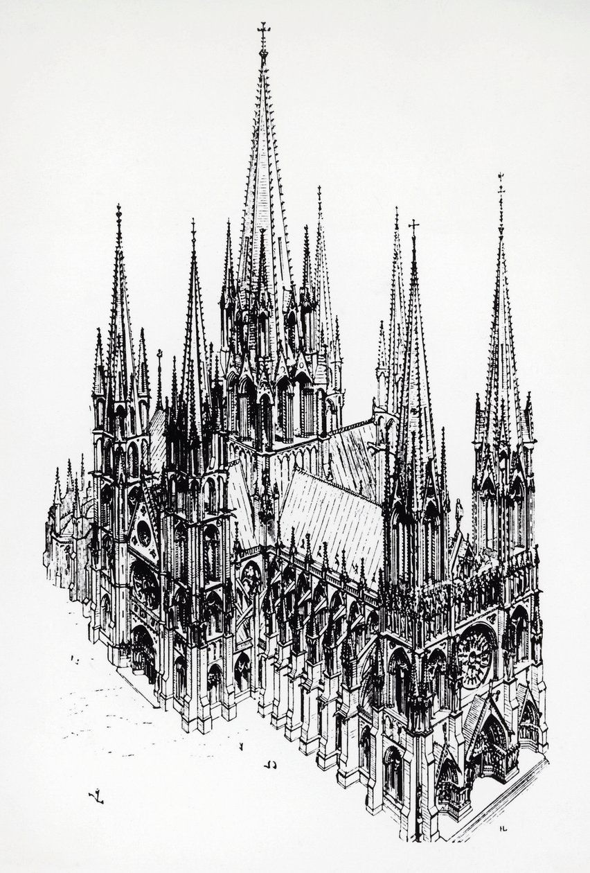 Isometrisk utsikt over den ideelle katedralen, tegning av Eugene Emmanuel Viollet-le-Duc (1814-1879) fra Dictionary of French Architecture fra 1000- til 1500-tallet av Eugene Emmanuel Viollet le Duc