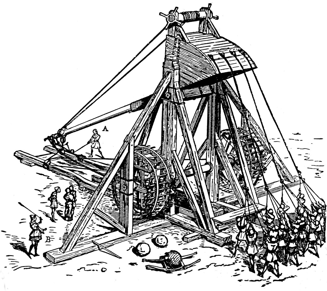 Rekonstituering av en enorm katapult (motvekt trebuchet type), kalt mangonneau av Eugene Emmanuel Viollet le Duc