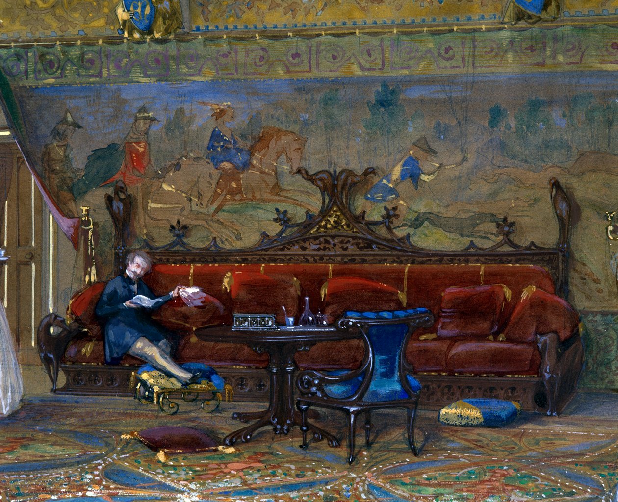 Design av en hall i gotisk stil for Chateau de Pierrefonds, med keiseren og keiserinnen av Eugene Emmanuel Viollet-le-Duc