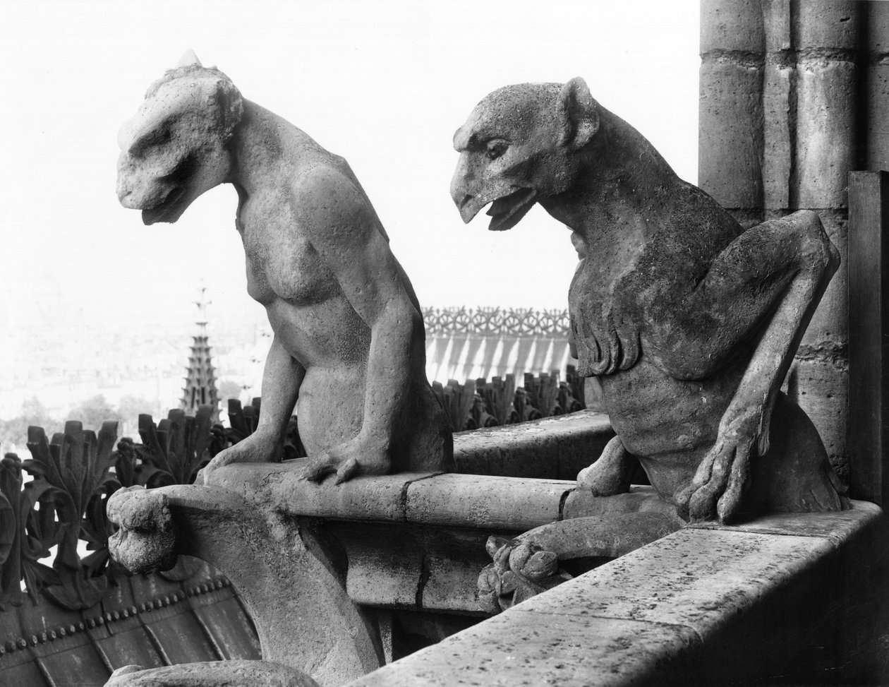 Gargoyler fra balustraden til Grande Galerie på vestfasaden, kopi av en original (stein) fra 1100-tallet (s/hv-bilde) av Eugene Emmanuel Viollet le Duc