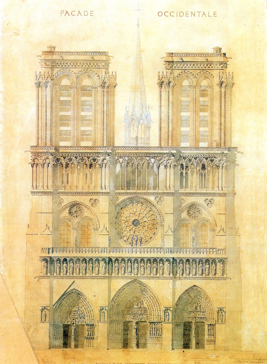 Prosjekt for restaurering av vestfasaden til Notre Dame-katedralen i Paris med rekonstruksjon av spiret ved krysset, 1843 av Eugene Emmanuel Viollet le Duc