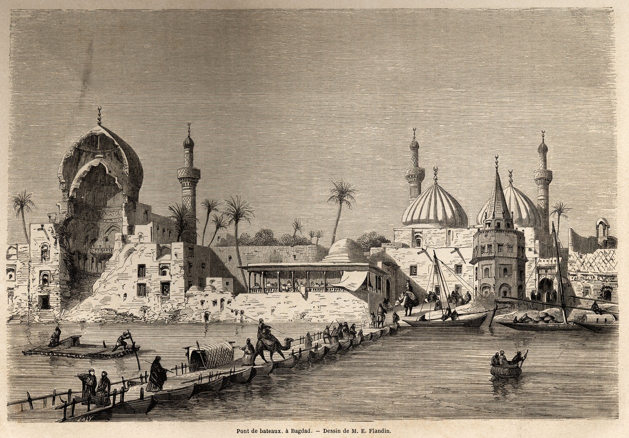En båtbro, i Bagdad, tegning av Eugene Flandin (1809-1876), for å illustrere hans reise til Mesopotamia i 1840-1842. Gravering i “” Le tour du monde”” 1861. Selvas samling. av Eugene Flandin