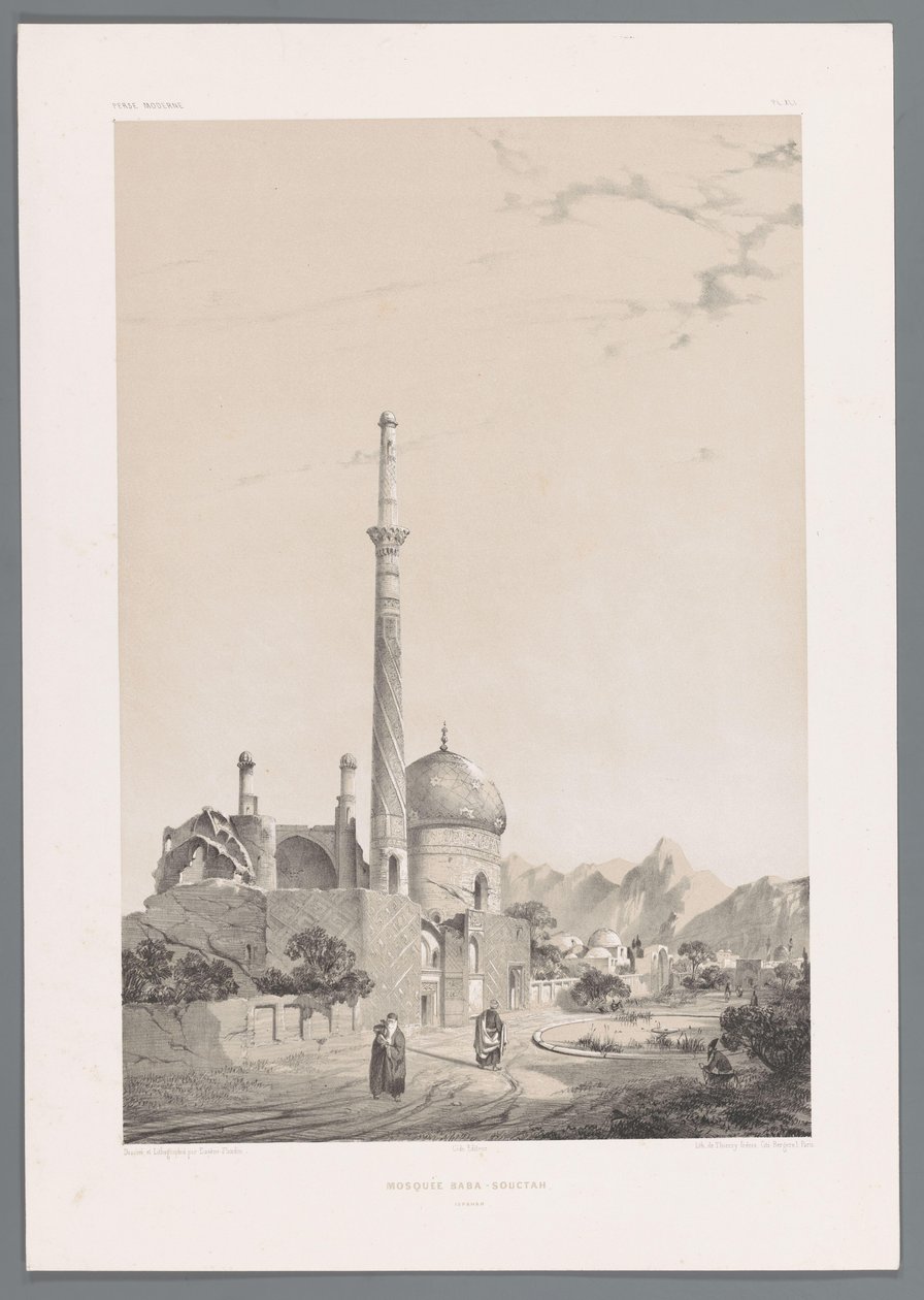 Baba Sukhte-moskeen med Bagh-e-Ghoushkhane-minareten i Isfahan Moskeen Baba-Souctah Ispahan (tittel på objekt) Persiske landskap (serietittel) Perse modern (serietittel) av Eugene Flandin