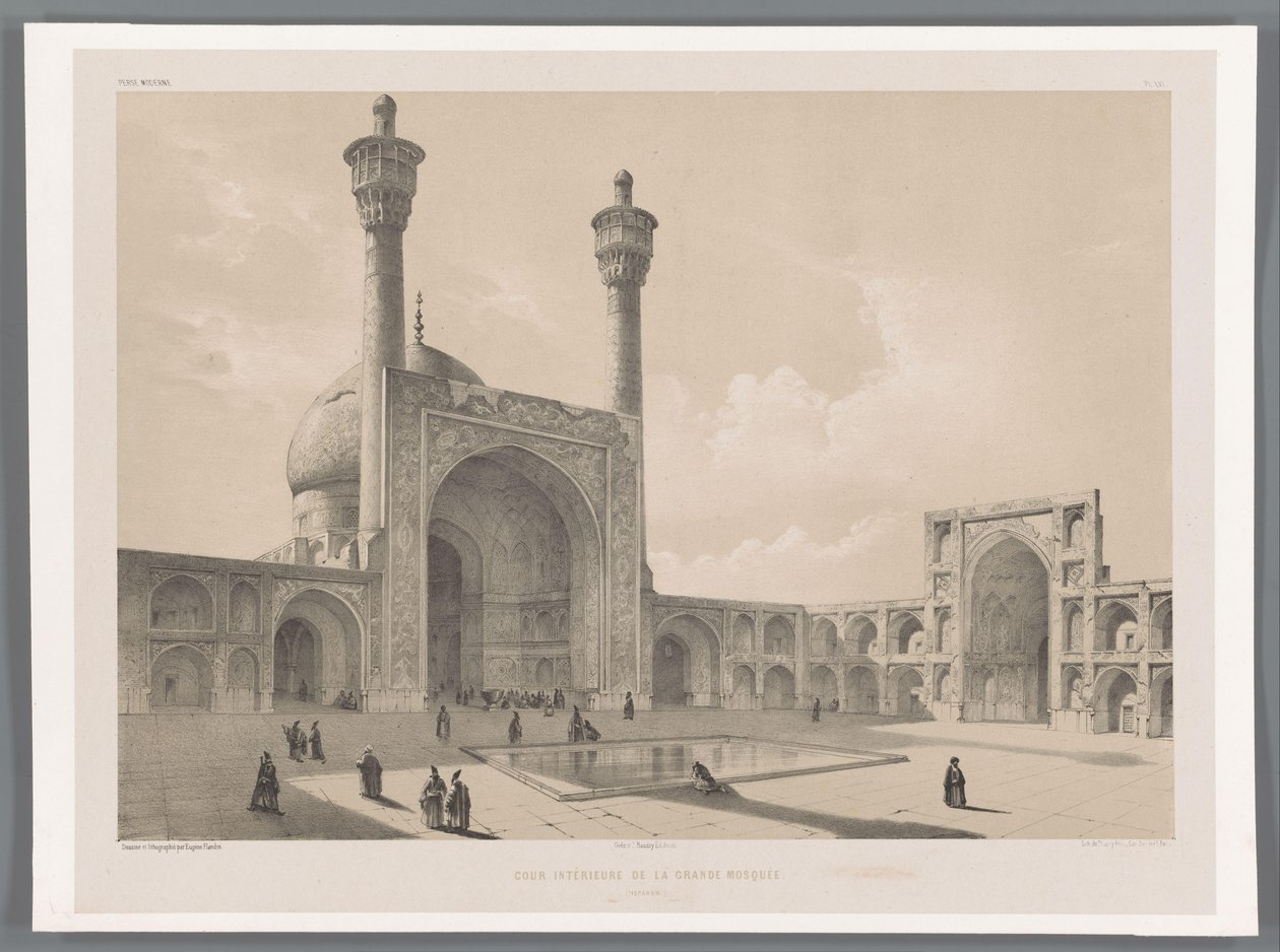 Gårdsplassen til fredagsmoskeen i Isfahan Cour intérieure de la grande mosquée (Ispahan) (tittel på objekt) Persiske landskap (serietittel) Persisk moderne (serietittel) av Eugene Flandin