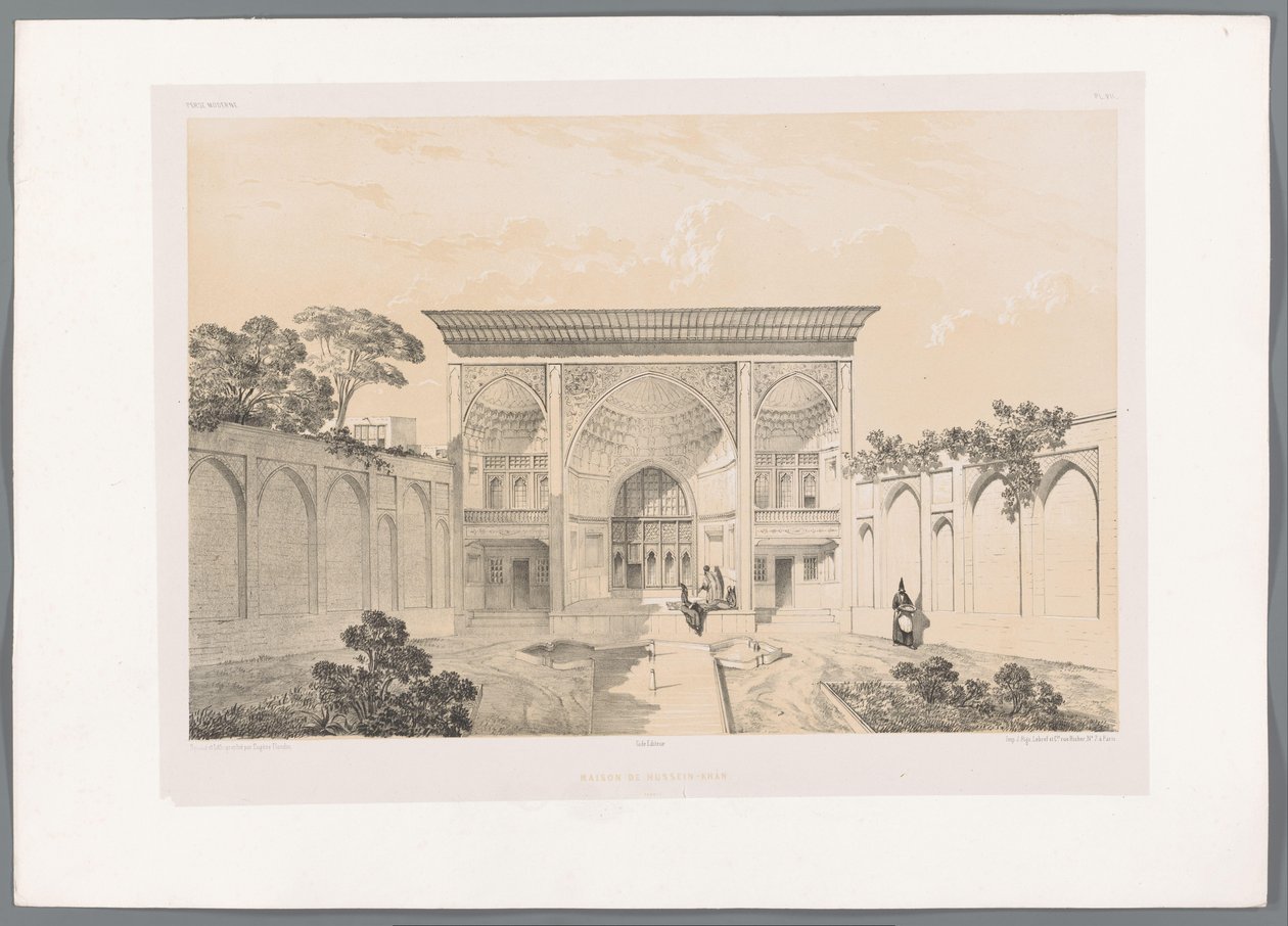 Gårdsplassen til Hussein Khans hus i Tabriz Maison de Hussein-Khân Tabriz (tittel på objekt) Persiske landskap (serietittel) Perse modern (serietittel) av Eugene Flandin