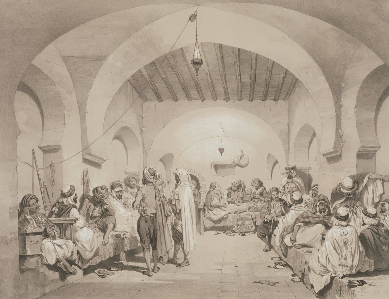 Cafe du Divan, Alger, fra et bind til minne om den franske ekspedisjonsstyrken som erobret Alger i 1830, gravert av Adolphe Jean-Baptiste Bayot (1810-66) av Eugene Flandin