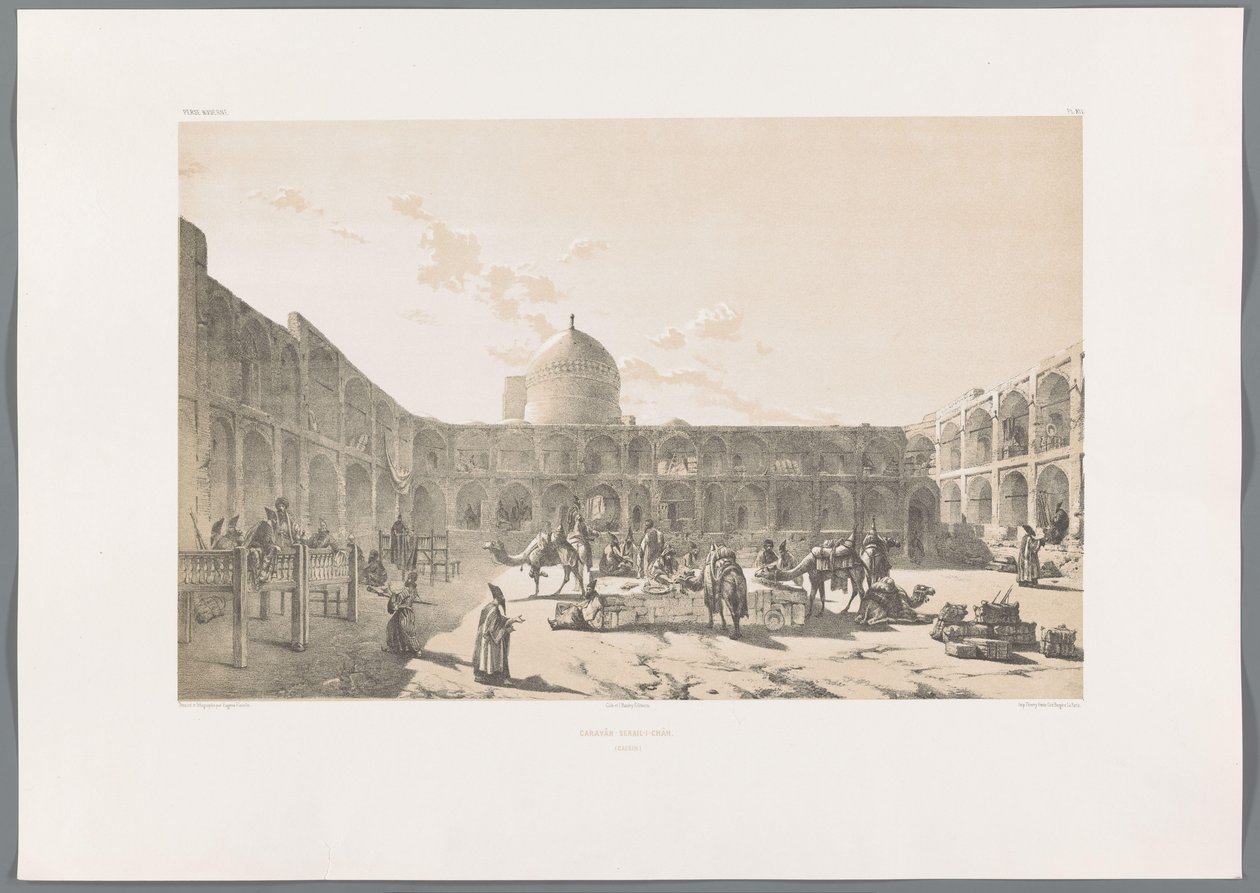 Caravanserai-i-Shah i Qazvin Caravân-Serail-I-Châh (Casbin) (tittel på objekt) Persiske landskap (serietittel) Perse modern (serietittel) av Eugene Flandin