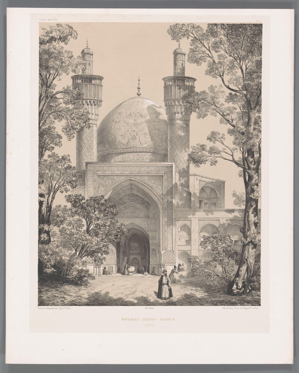 Chahar Bagh skole i Isfahan Moske-Sultan-Hussein Ispahan (tittel på objekt) Persiske landskap (serietittel) Perse modern (serietittel) av Eugene Flandin
