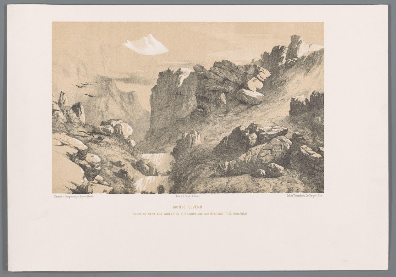 Ganjnameh op de berg Alvand i Iran Mounts Elvend gorge hvor er kileskrifttavler nær Hamadan (tittel på objekt) av Eugene Flandin