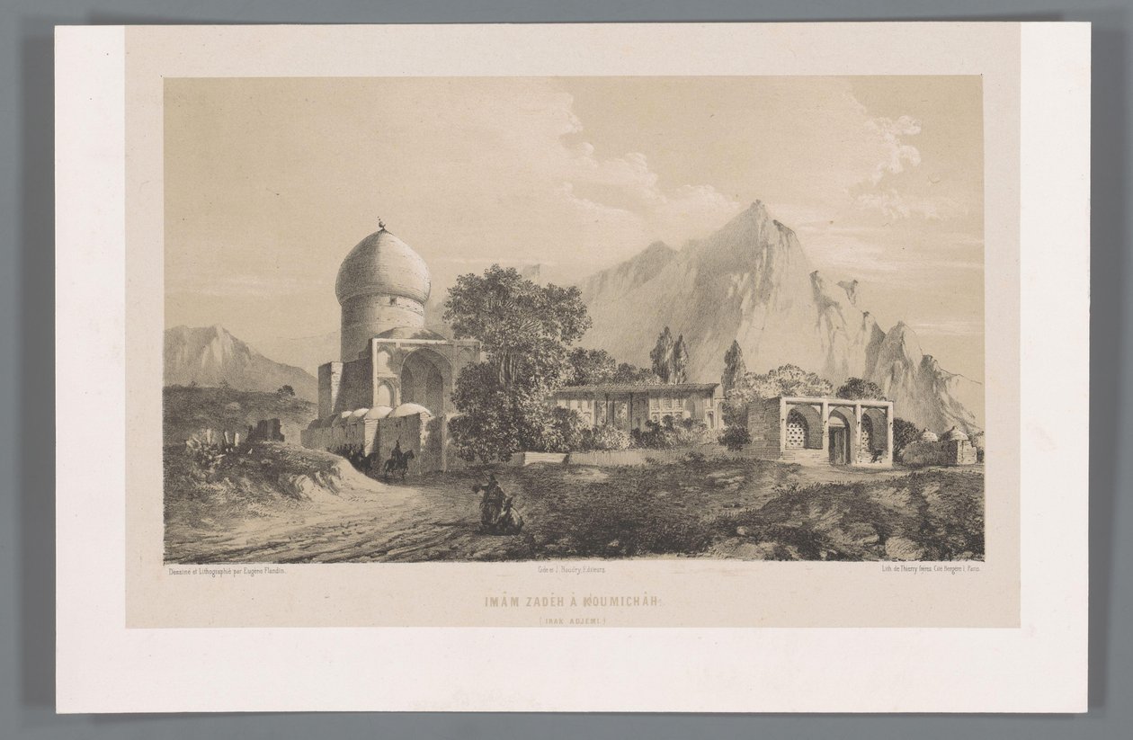 Utsikt over Imamzadeh Komijan i Irak-i Ajam Imâm Zadeh à Koumichâh (Iraq Adjemi) (tittel på objekt) Persiske landskap (serietittel) Perse modern (serietittel) av Eugene Flandin