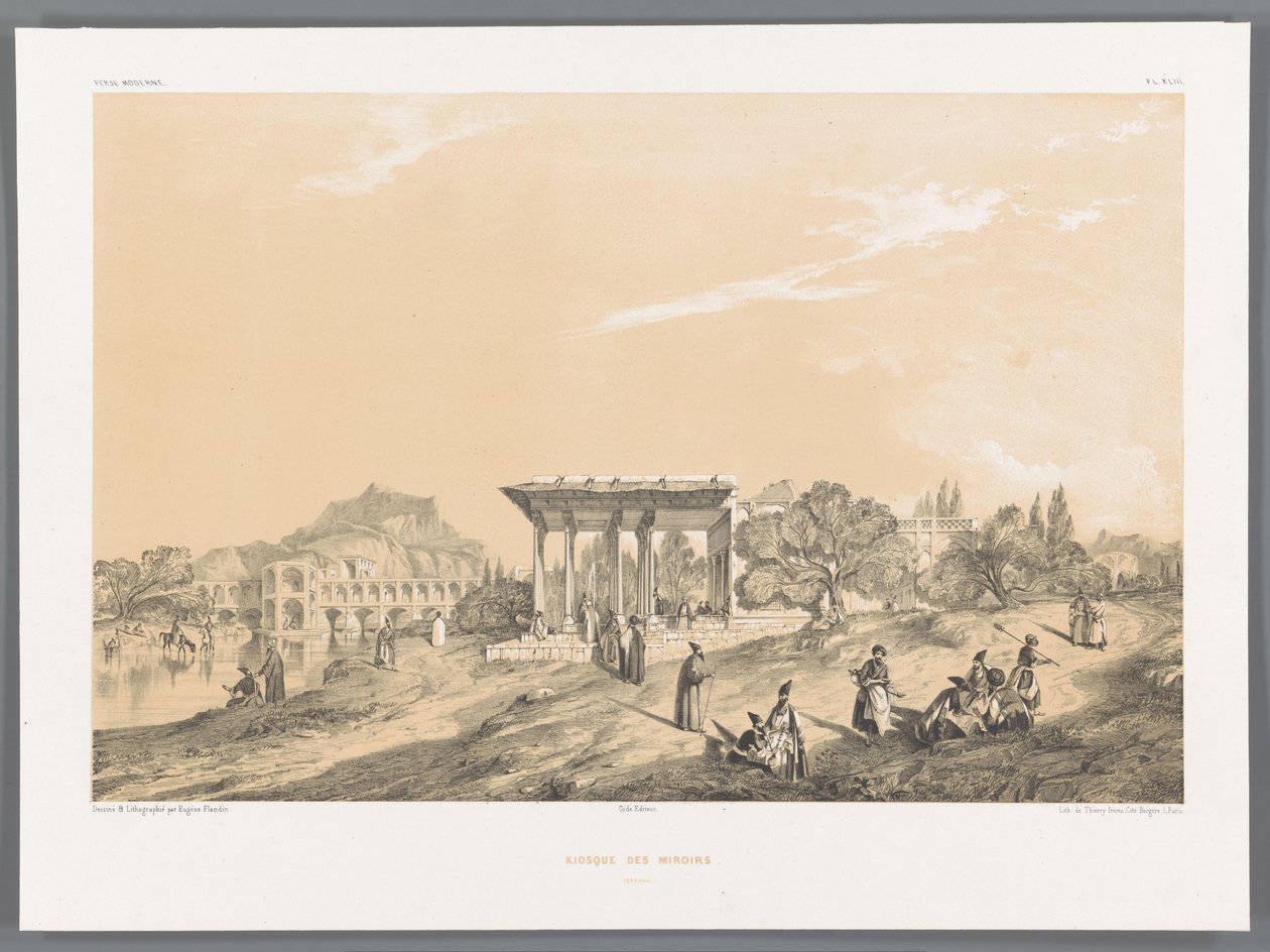 Utsikt over en bygning i Isfahan, Iran Kiosque des miroirs Ispahan (tittel på objekt) Persiske landskap (serietittel) Perse modern (serietittel) av Eugene Flandin
